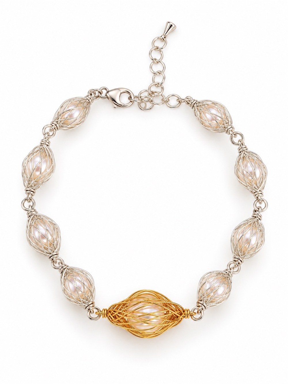 Handmade Freshwater Pearl Wire-Wrapped Bracelet Two-Tone Gold & Silver